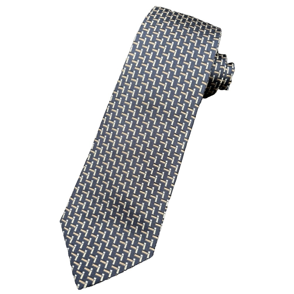 HUGO BOSS Men's Tie 100% Silk Made ITALY Black Gold Geometric Business 61" GUC